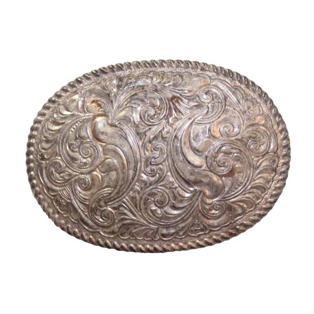 Vintage Crumrine Heavy Silver Plate On Jewelers Bronze Western Belt Buckle